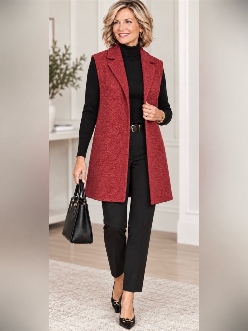 Coldwater Creek Burgundy Textured Bouclé Longline Vest – Sleeveless Blazer Style